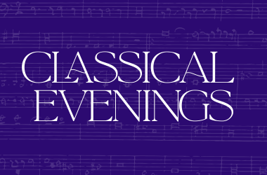 Classical Evenings text on dark blue background and faded sheet music