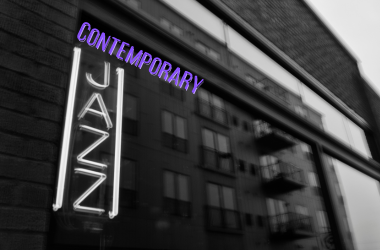 Contemporary Jazz sign on building in purple, black and white