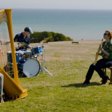 Harpist, drummer and saxophone player on grass backdrop sea