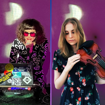 Split photo of woman on left with brown hair and red glasses DJ-ing and Woman on left with light brown hair and floral dress brown hair playing violin
