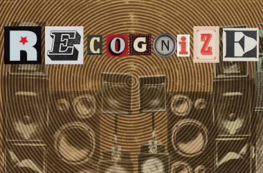 REcogniZE logo against swirly orange background with speakers in various sizes