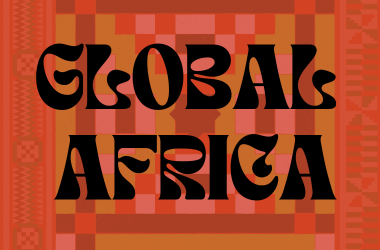 Global Africa funky text on a orange patterned background