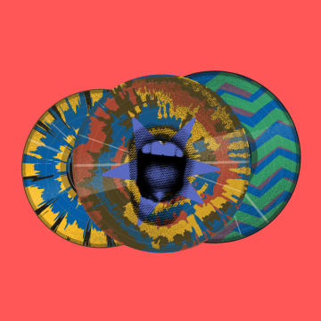 3 Multicoloured vinyls on red background