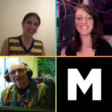 Grid image of two women at top, one in stripy top, other brown hair, man below wearing colourful top and headphones and Morley Radio logo on right