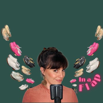 Woman in middle bottom smirking in front of microphone with shoes floating either side of her