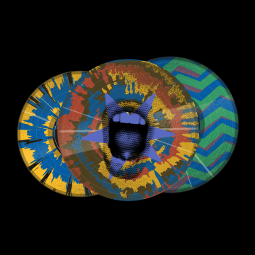 multicolour vinyls and a mouth in middle against black background