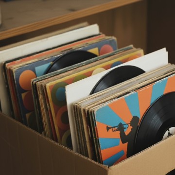 Vinyl records in a record box
