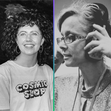 Women split screen black and white. Left with curly hair and right holding headphones against ears