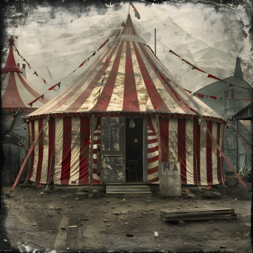 Circus stripy tent on dusty ground and grey background