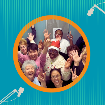 blue sound wave background with morley students in circle