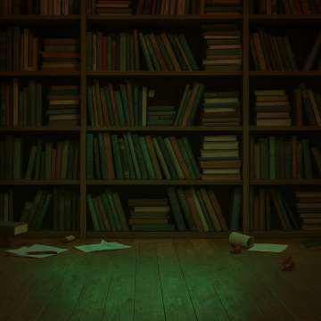 dark bookshelf, green tint
