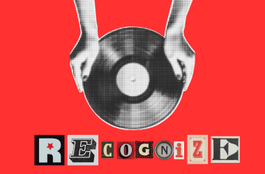 REcogniZE logo on red background with hands holding vinyl icon in middle