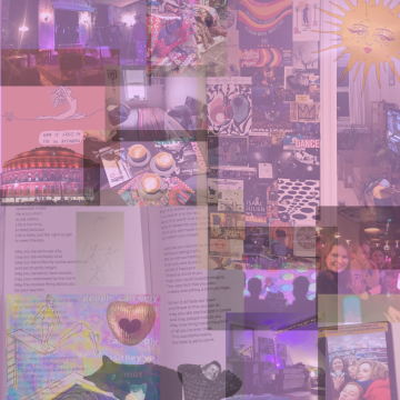 collage of photos on lilac background