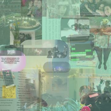 collage of photos on green background