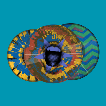3 Multicoloured vinyls on blue background