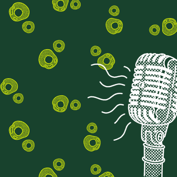 Yellow blobs and white mic drawing in right hand corner on green background