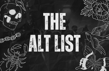 The Alt List text on black background with images of skulls, butterflies and birds outlined in white
