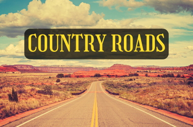 Country Roads in yellow text against an desert country road