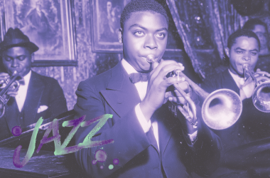 Vintage jazz players trip photo tinted purple with Jazz written in splattered green and purple paint in left corner