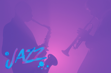 Saxophone and Trumpet player silhouettes on Fuchsia background with Jazz text in blue and pink in left corner