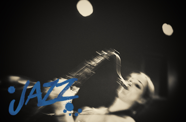 Black and white abstracted image of woman playing saxophone. Jazz text in left corner in painted style, blue