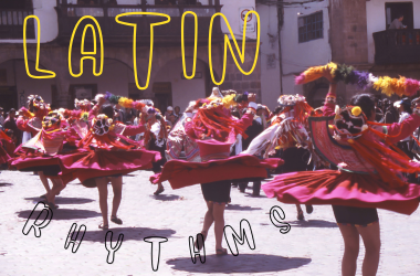 Latin Rhythms text with colourful Salsa dancers in background