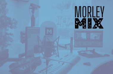 Morley Mix text in right hand corner. Filtered blue background of Morley Radio North Kensington studios