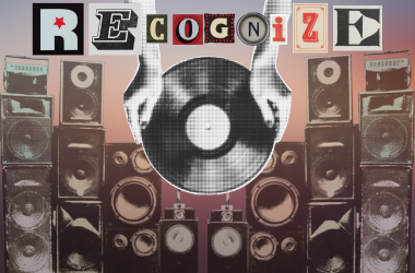 REcogniZE text at top surrounded by background of various speaker. Hands holding vinyl dangling from above