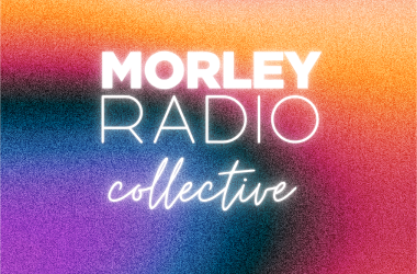 multicoloured swirl background with Morley Radio Collective logo in white