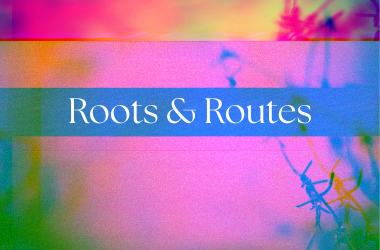 Roots & Routes text on multicoloured background
