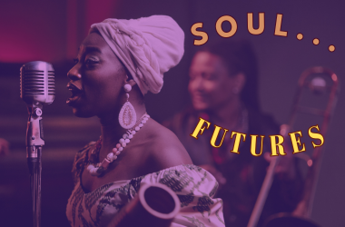 Black woman singing into microphone, woman with Trombone in the backgroud. Soul Futures floating text in orange and yellow over purple tinted background